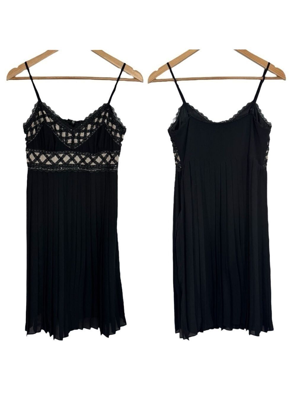 Le Chateau Black Pleated Midi Dress Sz S Beaded Lace Bodice Cocktail Party EUC